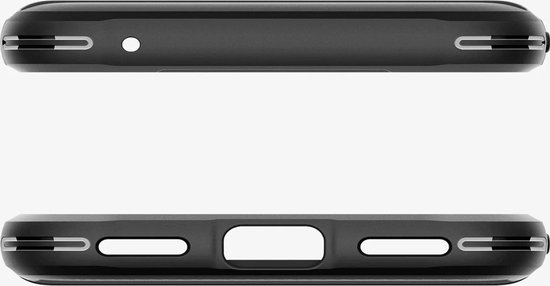Boven- en onderaanzicht van de zwarte Spigen telefoonhoes, met poorten en knoppen.