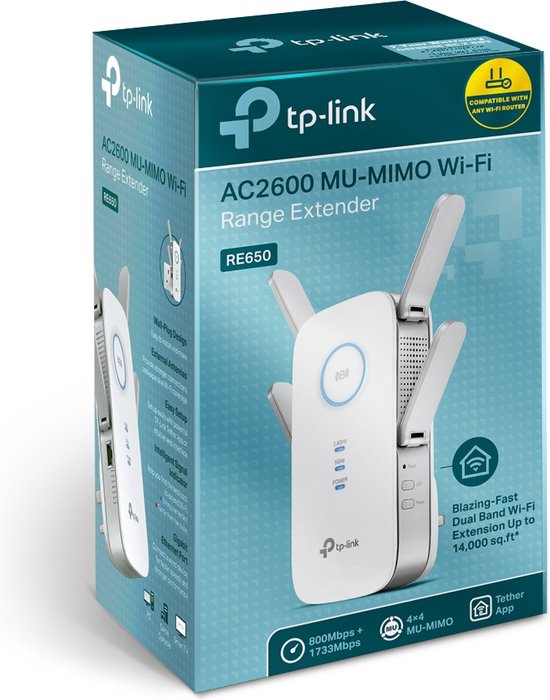 Verpakking van de TP-Link RE650 AC2600 MU-MIMO WiFi Range Extender, met afbeelding van het apparaat.