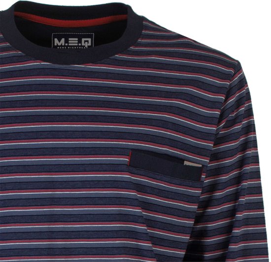 Haut de pyjama bleu marine à fines rayures rouges, blanches et grises avec une poche poitrine.