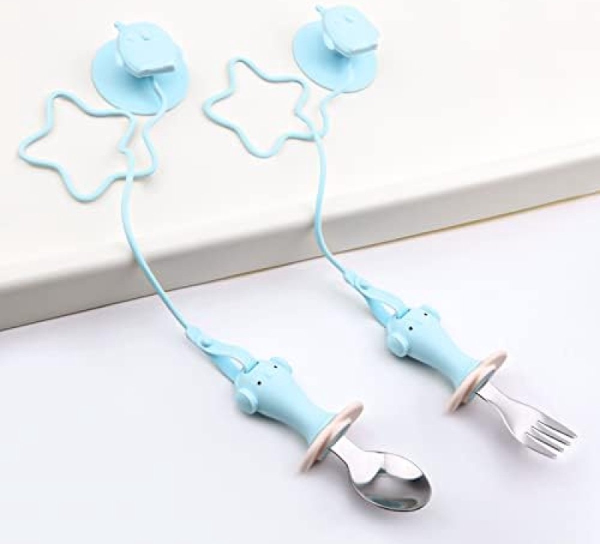 Goedkoopste Baby vork en lepel set | 2 stuks siliconen roestvrij staal - Baby bestek voor spenen - Baby eerste zelfvoedende lepel vork met touw en zuignap voor baby's en peuters