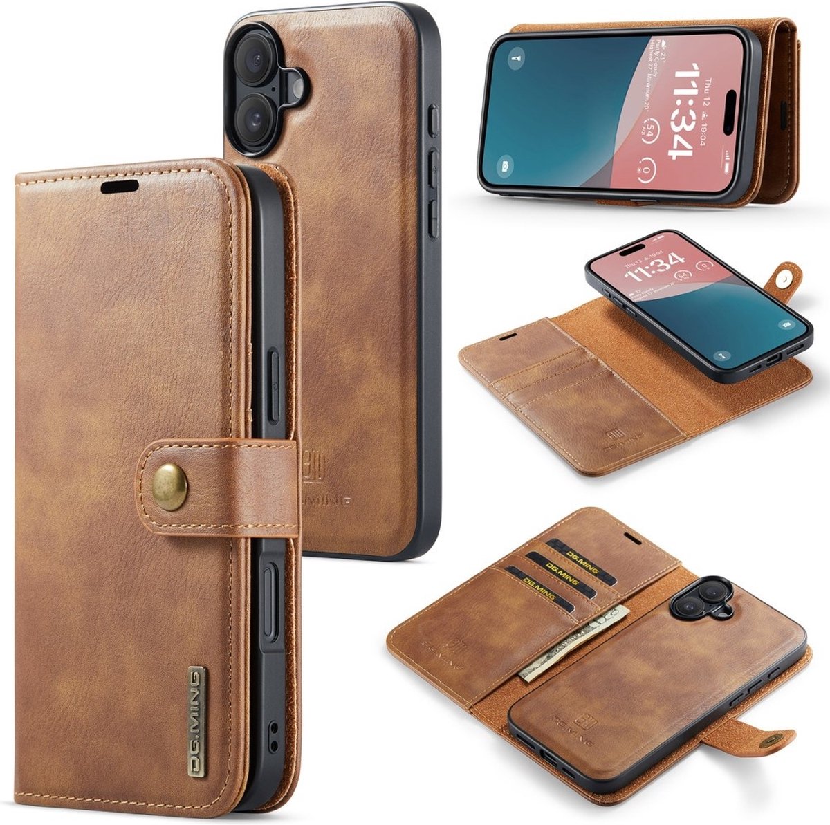 DG.MING Hoesje - Geschikt voor iPhone 16 Hoesje - DG.MING 2-in-1 Book Case & Back Cover - Bruin