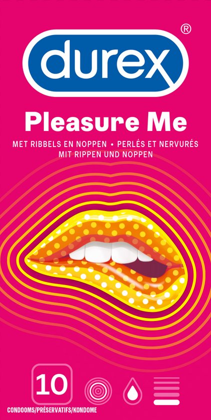 Durex Pleasure Me verpakking met roze en gele gradiënt, "durex", "Pleasure Me" en afbeelding van gestileerde lippen.