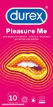 Durex Pleasure Me verpakking met roze en gele gradiënt, "durex", "Pleasure Me" en afbeelding van gestileerde lippen.