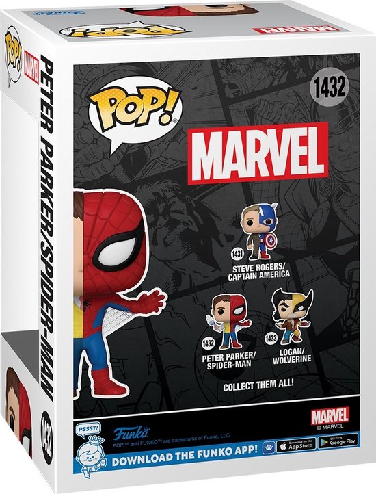 Verpakking Peter Parker/Spider-Man Funko Pop #1432, met weergave van andere figuren.