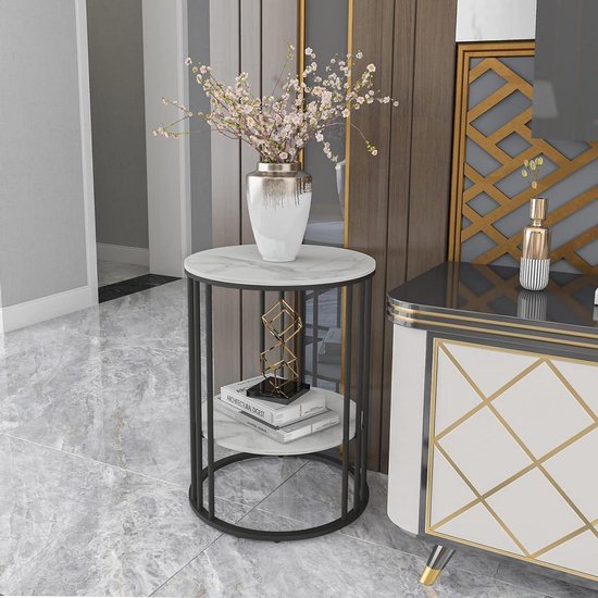 Table D'appoint Ronde à 2 Niveaux Noir Et Blanc - 40x40x55 Cm, Pour Salon Ou Chambre