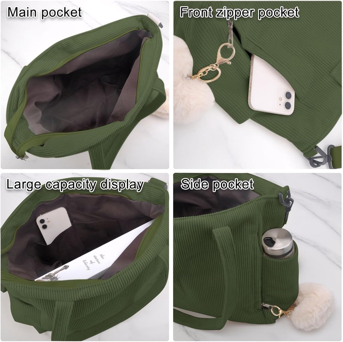 CNMTCCO Tote Bag voor Dames, Groote Corduroy Draagtas, Shopper, Handtas Met Ritssluiting, Zakken En Vakken, Ideaal Voor School, Werk, Winkelen, Reizen, Dagelijks Gebruik, Groen, 4 Cm