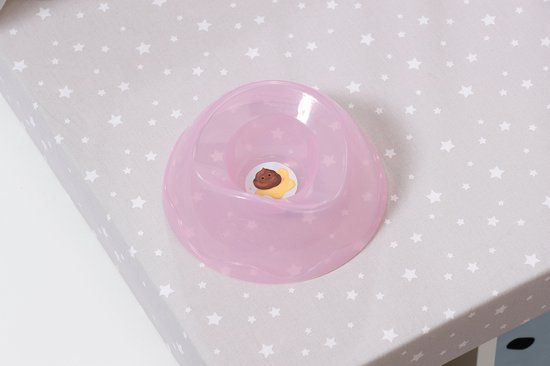 Roze potje voor BABY born pop met een sticker van een drol erop.