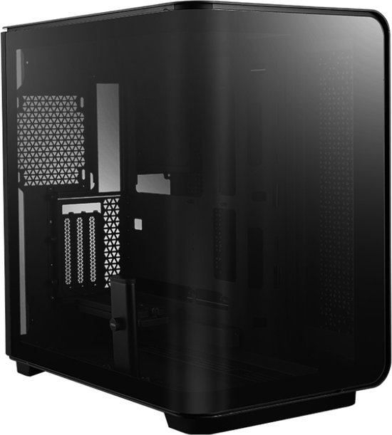 Zwarte MSI computerbehuizing met glazen zijkanten, ventilatieroosters.