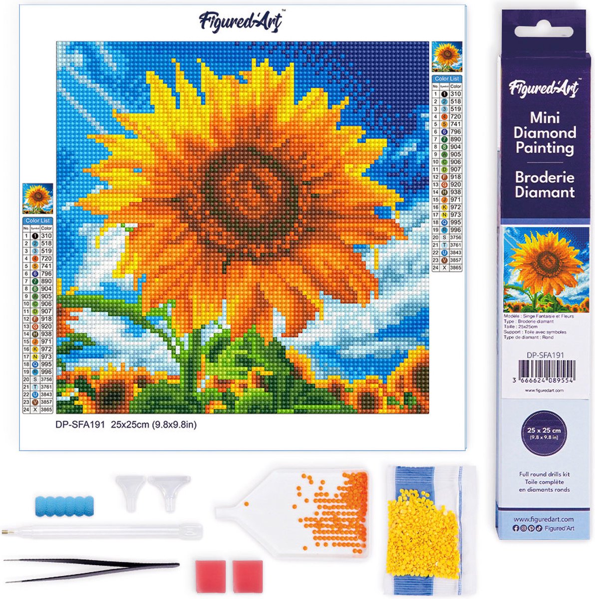 Figured'Art Mini Diamond Painting set Volwassenen 25x25 cm Zongekuste Zonnebloem - 5D DIY Art full drill ronde diamant - Opgerold canvas