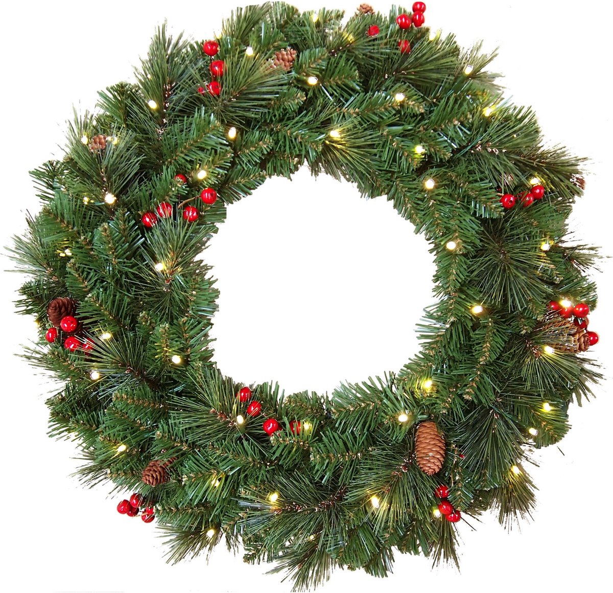 Famiflora verlichte kerstkrans "Everyday" - groen - Ø 61 cm - 50 warm witte ledlampjes - met rode bessen & dennenappels