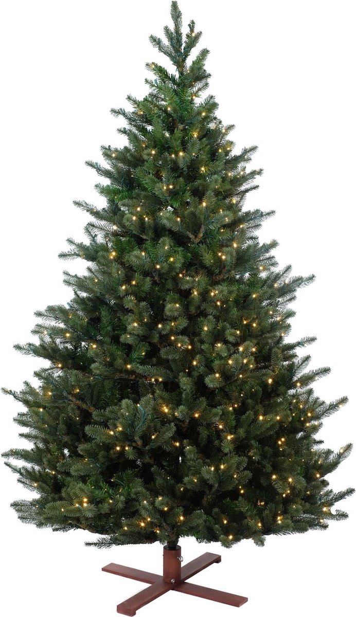 Kentucky Deluxe verlichte kunstkerstboom - 228 cm - Donkergroen - Ø145 cm - 2366 tips - 800 ledlampjes (warm wit) - Houten voet