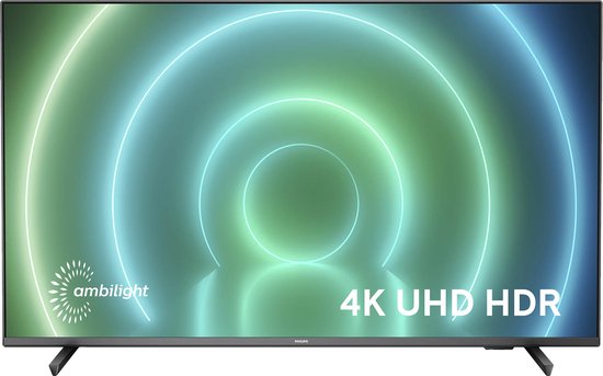 Philips 50-inch 4K UHD HDR tv met Ambilight en cirkels van groen en blauw licht.