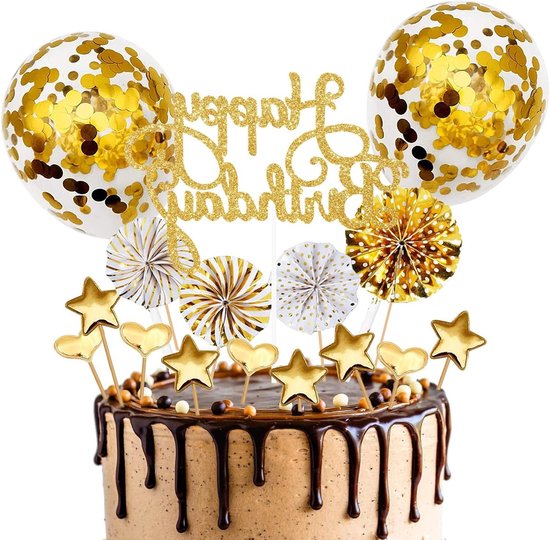 Foto: Gouden taartdecoratie verjaardagstaart happy birthday taarttopper sterren liefde confettiballonnen papieren 17 stuks taartdecoratie