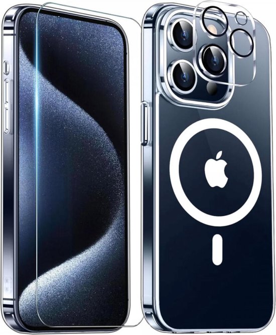 3-in-1 Set | Hoesje Geschikt voor Apple iPhone 16 Pro Max - Compatibel met MagSafe - Schokbestendig TPU + 9H Tempered Glass Screen Protector + Camera Protector Transparant - Beschermset