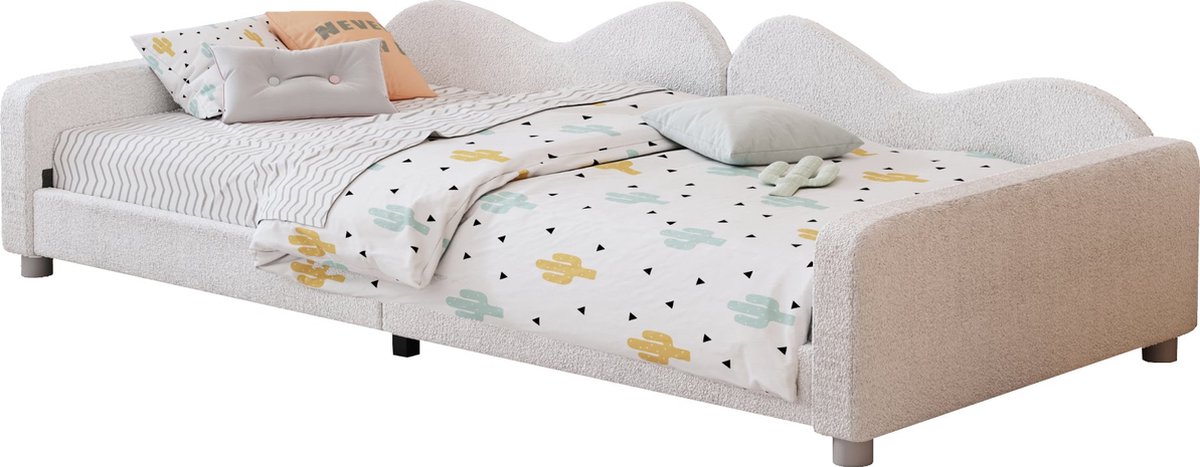 Merax Kinderbed 90x200 cm - Gestoffeerd Bed met Armleuningen en Rugleuning - Fluwelen Stof - Slaapbank voor Kinderen en Logeergasten - Wit