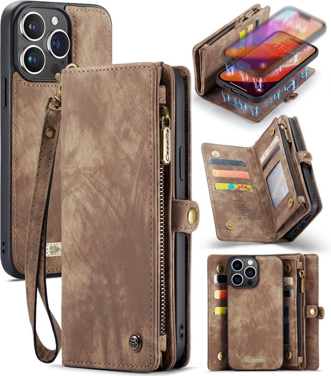 Caseme Geschikt voor iPhone 16 Pro hoesje - Vintage 2 in 1 portemonnee - Bruin