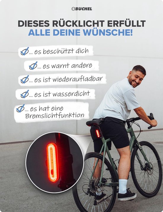 Feu Arrière De Vélo Rechargeable USB-C - Homologué StVZO - Fonction Feu Stop + Réflecteur - Étanche IPX5 - Pour Porte-Bagages