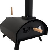 Tafel pizza oven voor buiten | 30 cm 60 seconden kooktijd | dubbelwandig draagbaar | ingebouwde thermometer | multi-brandstof, houtskool, hout pellets, authentieke steenovenpizza's | zwart | staal
