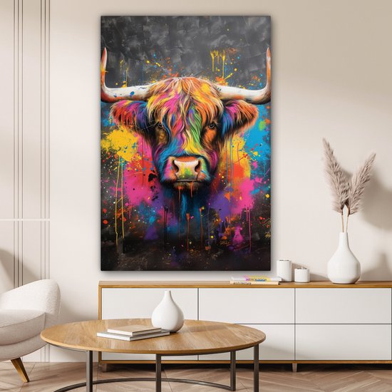 Peinture sur toile 80x120 cm - Décoration murale Graffiti - Highlander écossais - Vache - Coloré - Décoration murale murale salon - Décoration chambre - Accessoires de chambre - Peintures