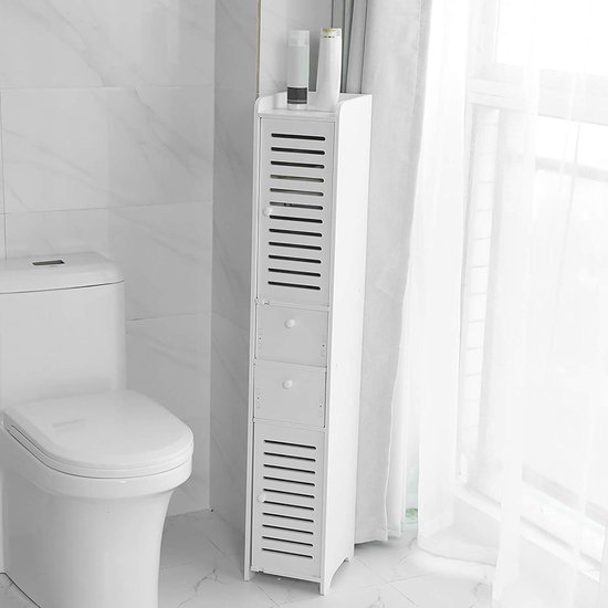 Slanke badkamer smalle hoge kast, 2-laags kunststof vrijstaande opbergorganizer met toiletpapierdispenser voor kleine hoekruimte, stofdicht - gemakkelijk schoon te maken