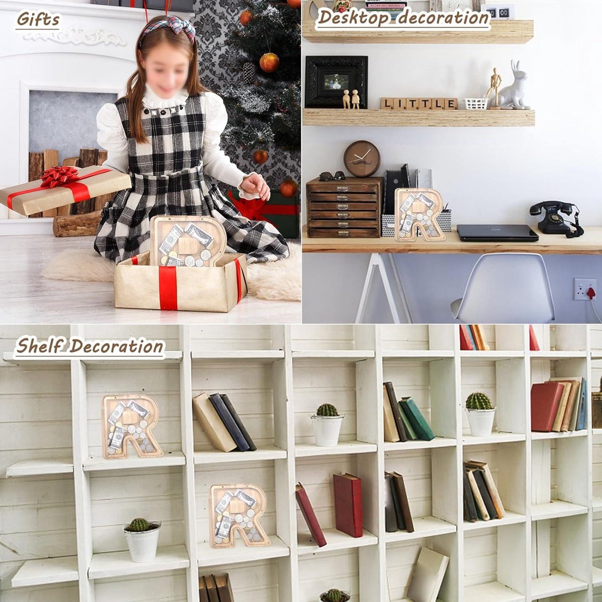 DBPBToU Spaarpot van houten letters, groot doorzichtig spaarvarken voor kinderen, 23 x 4 x 23 cm, grote gepersonaliseerde spaarbox, grappige spaarvarken voor verjaardag cadeau/woondecoratie/aandenken
