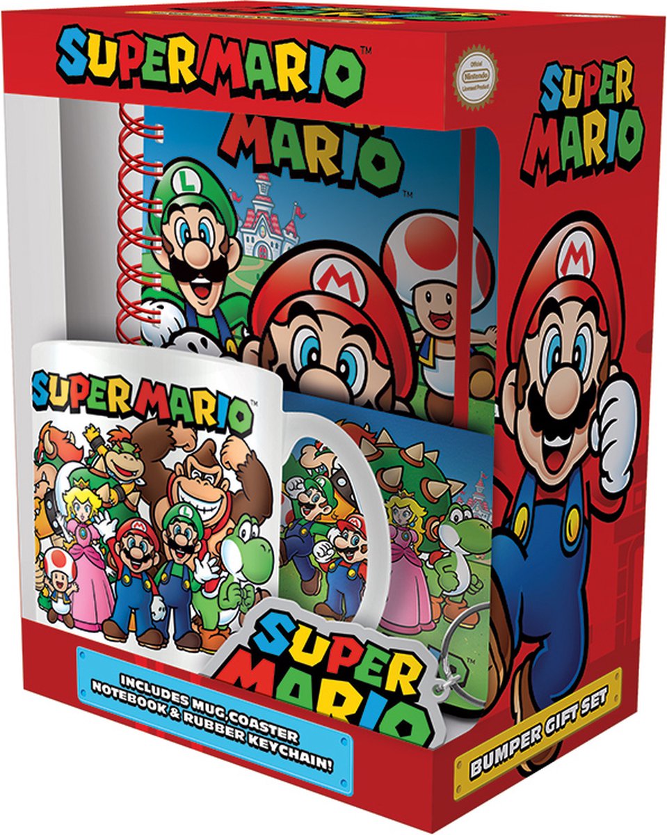 Nintento Super Mario - Geschenkset - Mok - Notitieboekje - Onderzetter en Sleutelhanger