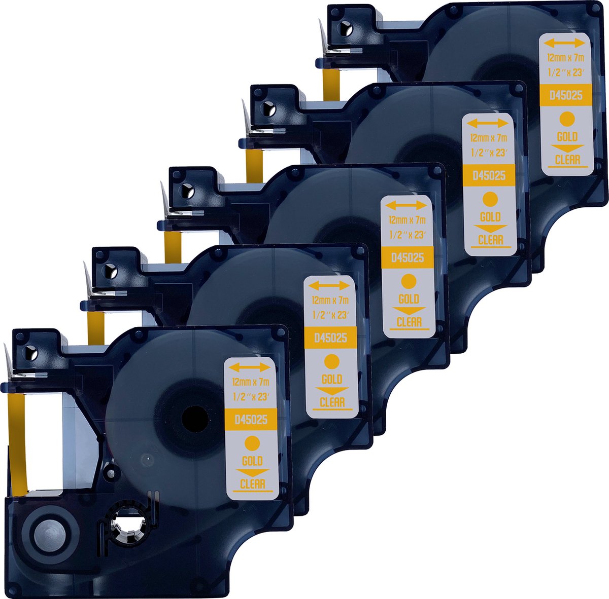 DULA Dymo D1 45025 Compatible label tape - 5 lettertapes - Goud op transparant - 12mm x 7m