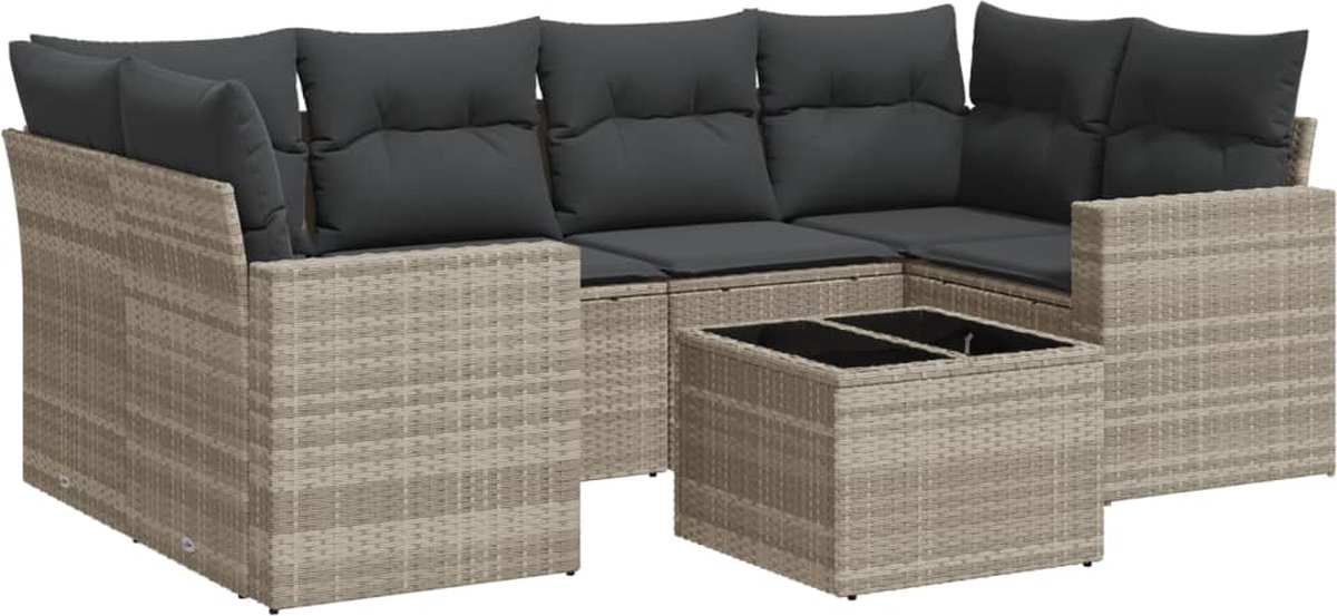 vidaXL 7-delige - Loungeset - met - kussens - poly - rattan - lichtgrijs