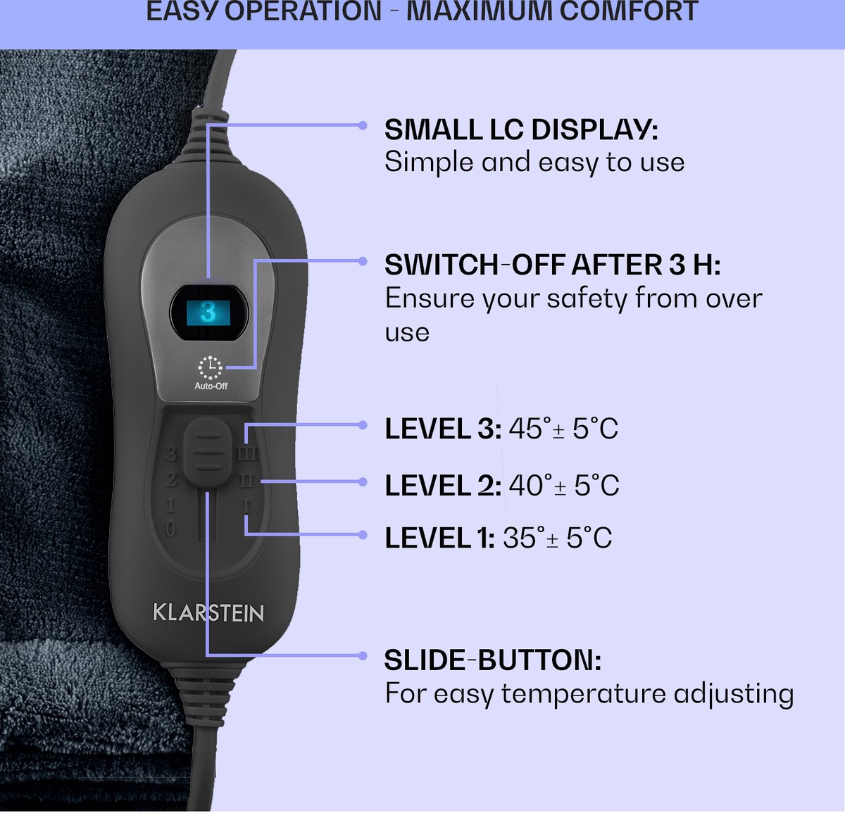 Afbeelding 3 van Dr. Watson XL elektrische deken 120 W 3 temperatuurniveaus 180 x 130 cm bedieningspaneel
