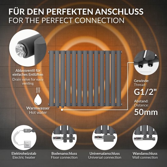 Foto: Paneelradiator horizontaal enkellaags met ovale buizen 600x780 mm antraciet met zijaansluiting ml design