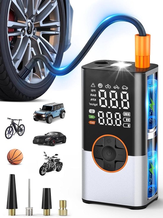 YOUNGDO 150PSI fietspomp, fietspomp met digitale manometer, elektrische fietspomp met Presta en Schrader-ventiel, voor fiets, motorfiets en bal