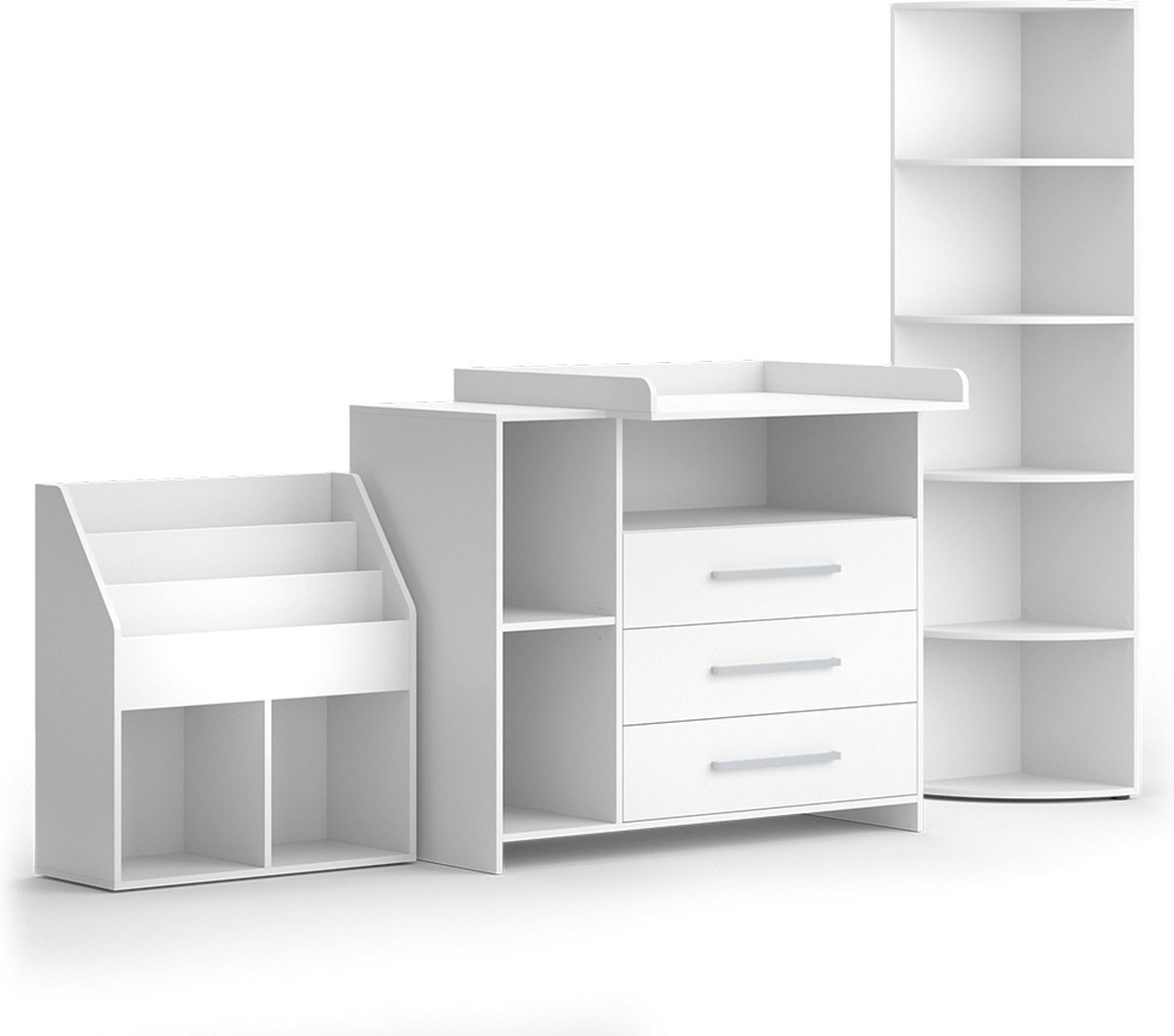 Vicco Oskar De babymeubelset – 3 delen, met aankleedkussen, speelgoedplank en boekenplank Wit