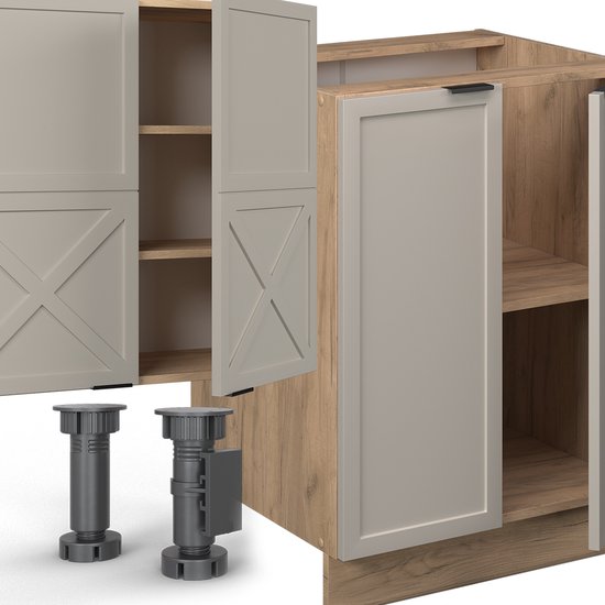 Vicco Fame- Line Meuble de cuisine complet – 300 cm avec meuble haut, WB Chêne Grijs/ beige / chêne doré avec meuble haut, WB Chêne