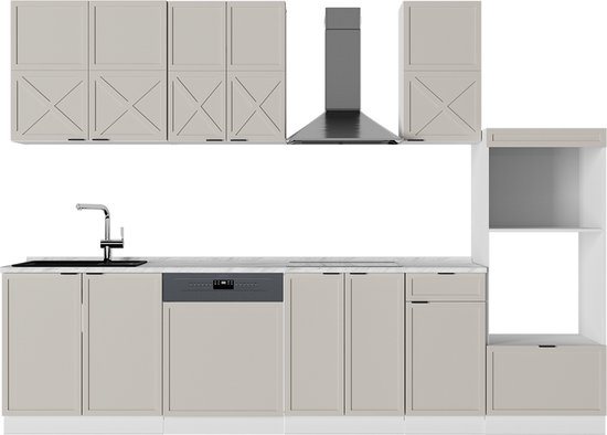 Vicco Fame- Line Cuisine complète – 300 cm avec armoire haute, sans plan de travail Grijs/beige/blanc
