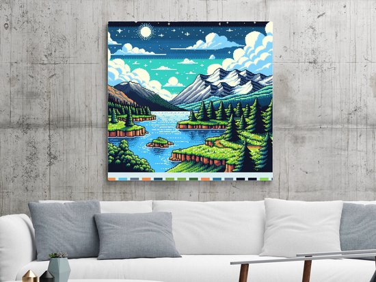 Pixel art landschap schilderij | Verbazingwekkend vervlochten pixel landschap dat de essentie van kunst omvat | Kunst - 20x20 centimeter op Dibond | Foto op Dibond