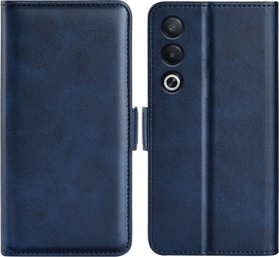 Blauwe telefoonhoes in gesloten en opengeklapte toestand.
