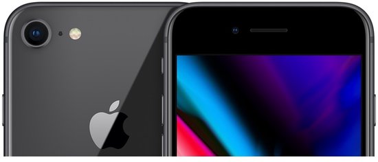 Twee donkergrijze iPhone 8 telefoons, één van achteren en één van voren met een kleurrijk scherm.