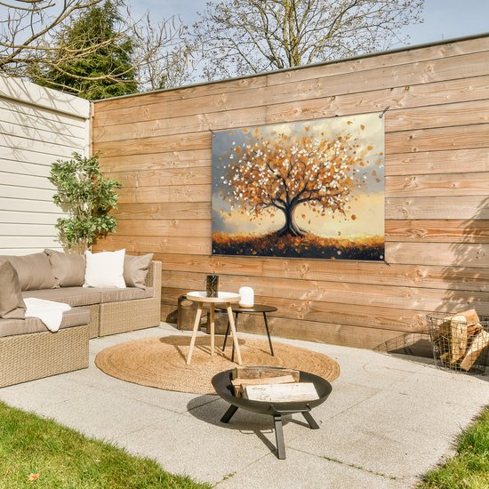 Tuinposter 120x80 cm - Tuindecoratie Herfst - Boom - Oranje - Bladeren - Levensboom - Abstract - Poster voor in de tuin - Buiten decoratie - Schutting tuinschilderij - Tuindoek muurdecoratie - Wanddecoratie balkondoek