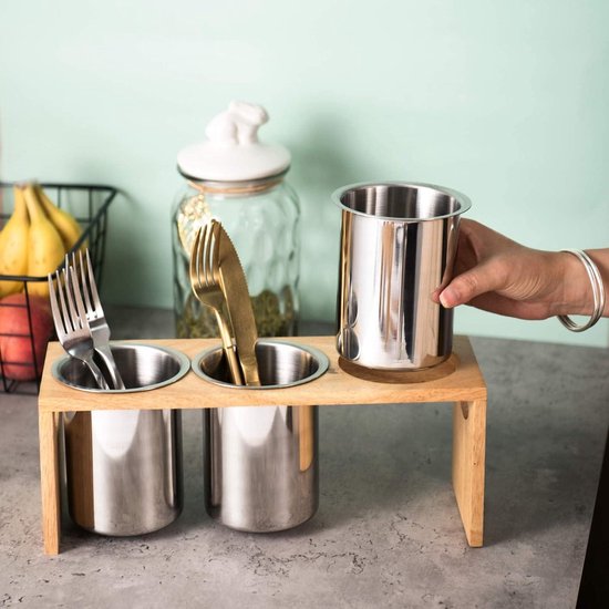 ZOOFOX 3 stuks zilverwerk houder, roestvrij stalen gebruiksvoorwerp organizer met houten basis, flatware Caddy voor lepels, messen en vorken, geweldig voor keukentafel, kast, pantry (natuur