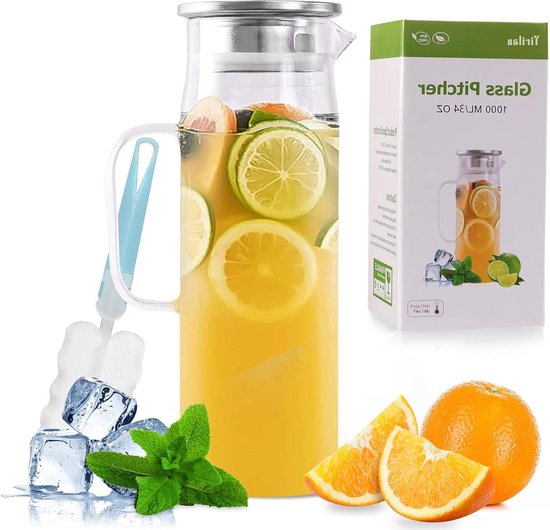 Lekvrije Schenkkan Wiskey Glas Waterkaraf - Hittebestendige Glazen Kan Met Roestvrijstalen Deksel Water Karaf Voor Zelfgemaakt Sap En Ijsthee 1000ml 34oz Karaf Olie Waterkan Voor Koelkast
