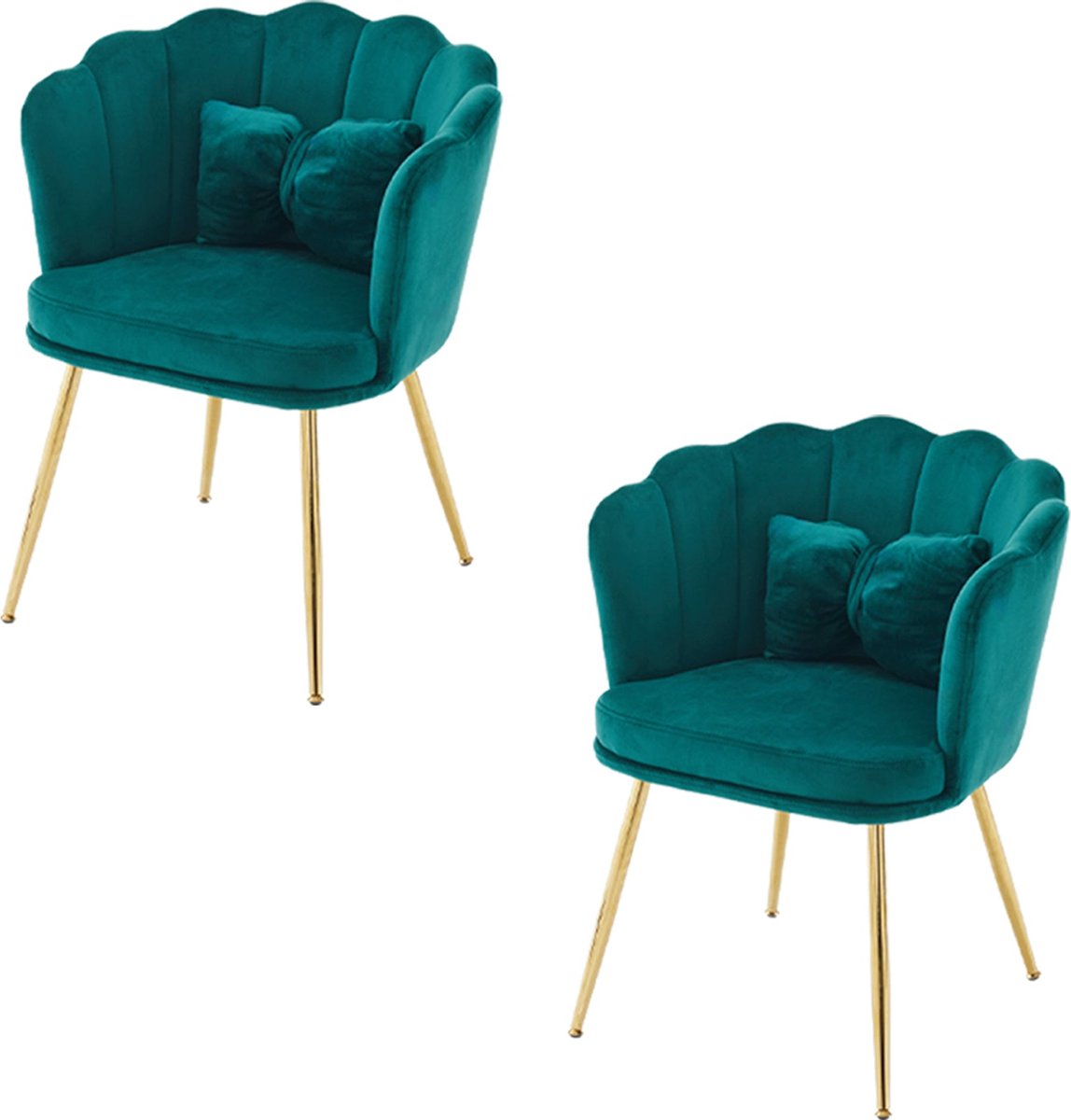 Merax Set van 2 Moderne Fluwelen Stoelen met Bloemblad Rugleuning en Vergulde Metalen Poten – Groen met Goud