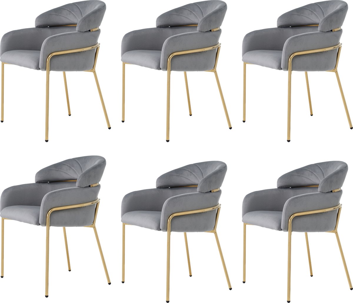 Merax eetkamerstoelen set van 6 – Luxe fluwelen stoelen met vier metalen poten – Grijs