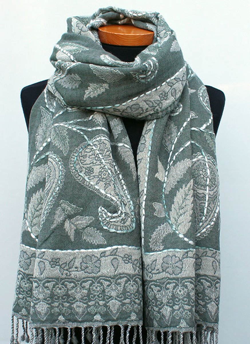 Wollen geborduurde sjaal en omslagdoek Groen-Grijs, Merino wol, 72 * 190 cm