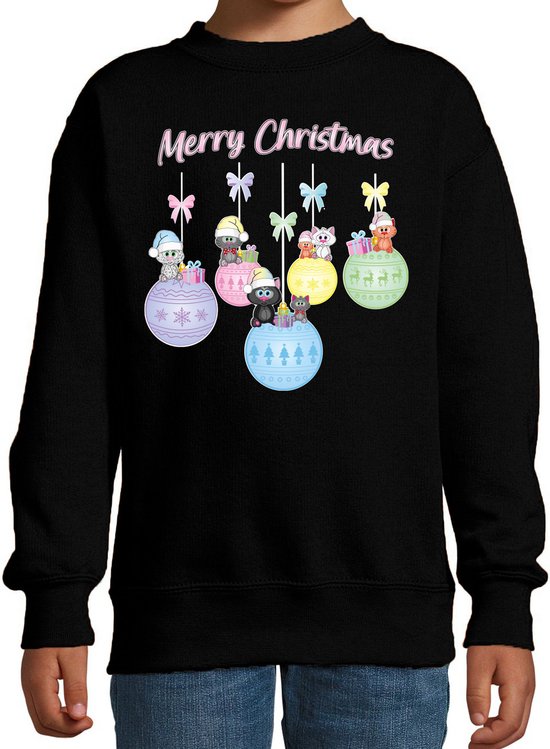 Bellatio Decorations Pull/pull de Noël pour garçons/filles - pastel/noir - Boules de Noël - Chatons 152/164