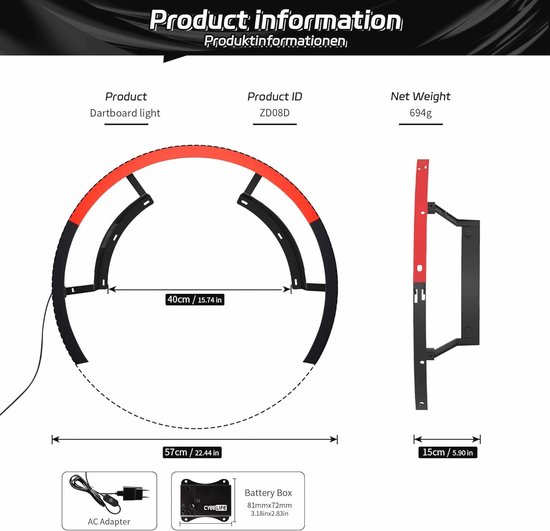 CyeeLife Dart board light, LED light for dartboards, LED lighting system, fits safely on all dartboards, dart light, easy installation (black-red, 270 degrees
