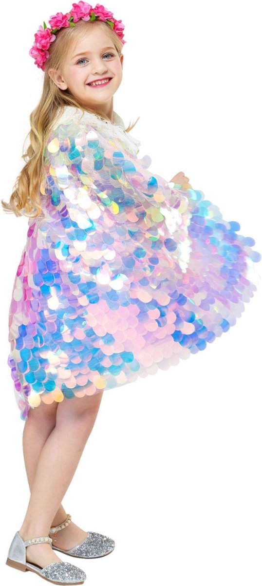 Joya Kids® Luxe Mermaid Glitter Cape met Accessoires | Zeemeermin Prinsessencape met Pailletten | Cape Set Paillet | Prinses jurk | Unicorn | Meisje Verkleedset | Carnvalskleding Meisjes | Met Mermaid Kroon, Staf, Tasje en Sieradenset — afbeelding 13