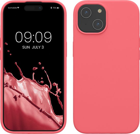 Coque de téléphone corail avec façade et arrière de l'objectif de caméra côte à côte.