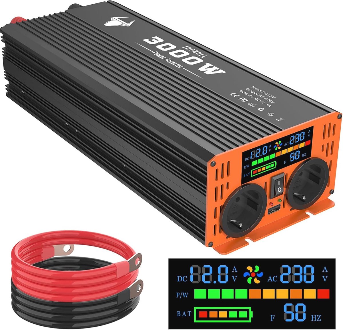 Omvormer 3000W/6000W Gemodificeerde Sinusgolf Stroomomvormers voor Camping, Auto en Huis met Dubbele AC Stopcontacten, USB-Poort en Led Display