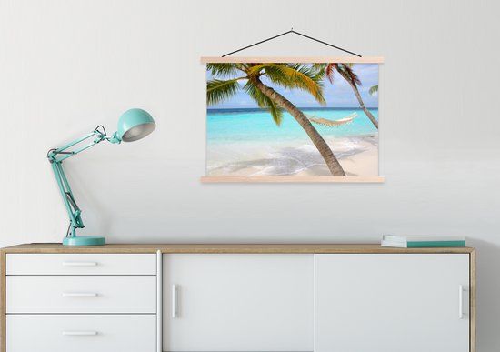Hamac près de deux palmiers sur l'affiche scolaire des Maldives lattes plates vierges 90x60 cm - Tirage photo sur poster textielposter (décoration murale salon / chambre) / Mer et plage