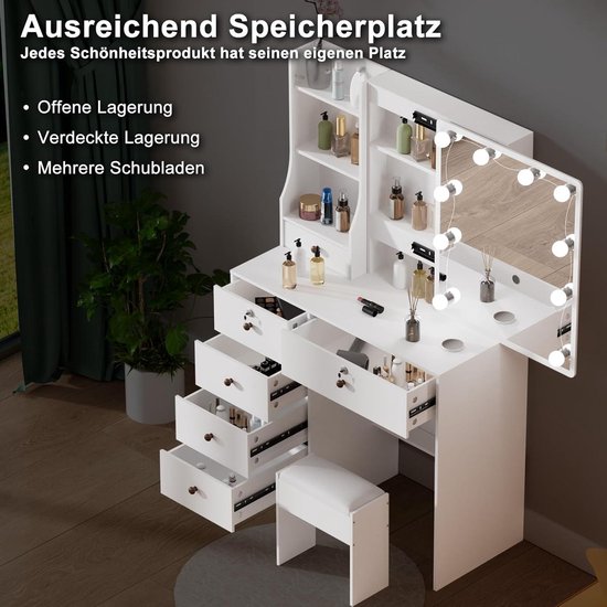Dradaomull Make-uptafel met verlichting, make-uptafel met spiegel, kaptafel, vanity desk voor make-up, 3 kleuren met instelbare helderheid, 131 x 80 x 36 cm (M39